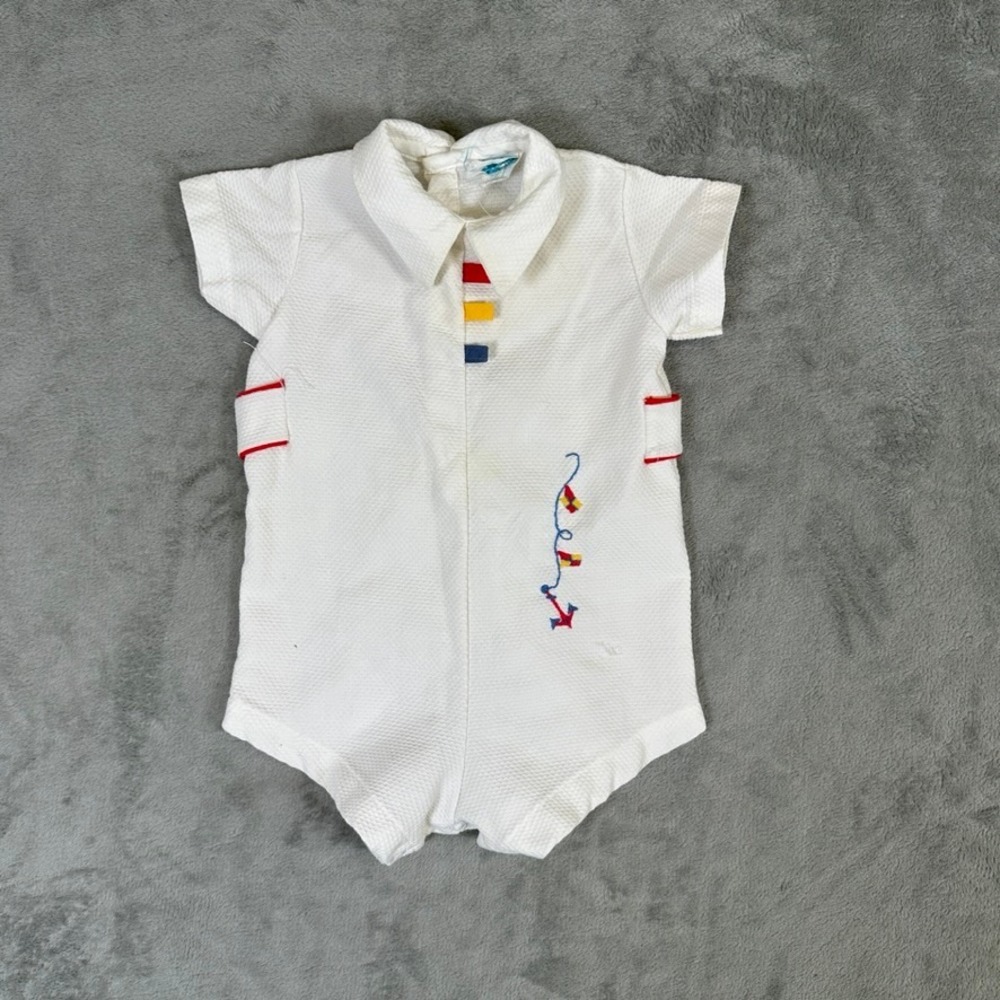 Vintage Alexis Baby White Pique Nautical Anchor Romper Short Sleeve Size 18-25lb